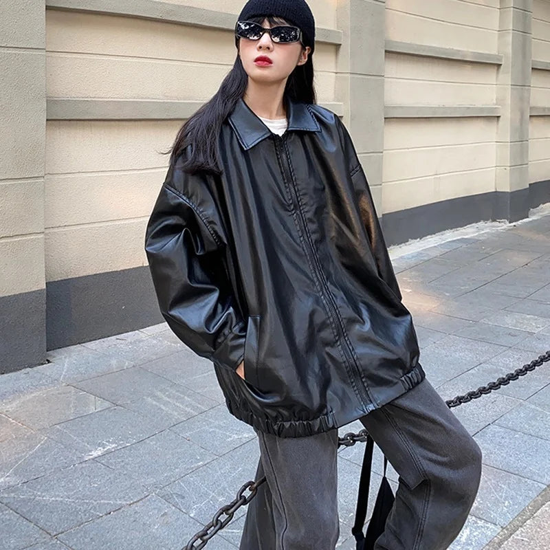 Y2K Oversized Leather Jacket Women