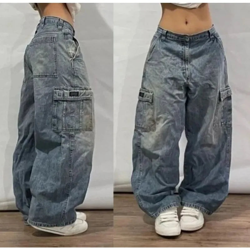 Street Vintage Jeans Y2K Wash blue Multiple pockets Baggy Jeans Denim Pants