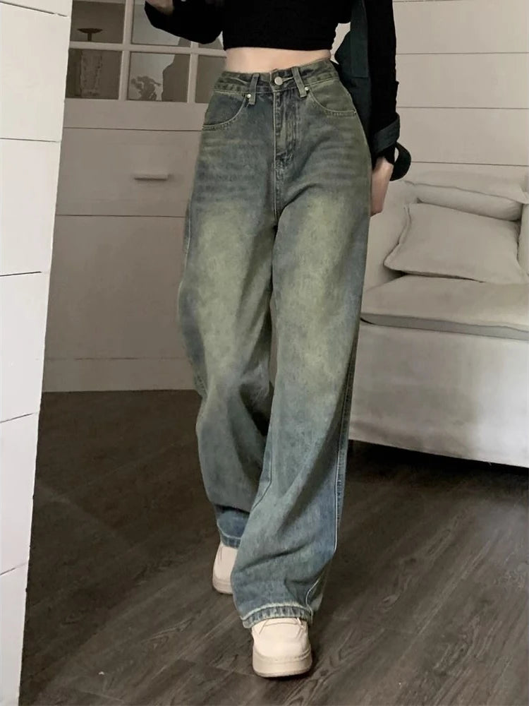 Deeptown Y2k Baggy Wide Leg Jeans Women Vintage Streetwear Washed Denim Pants