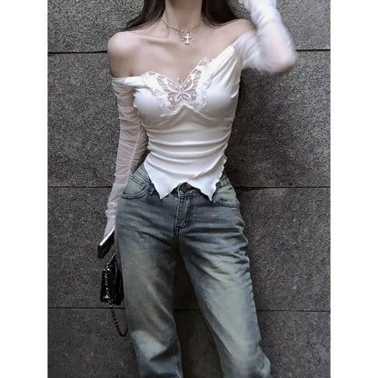 Aethetic Y2K Korean Style Off Shoulder T Shirts Women