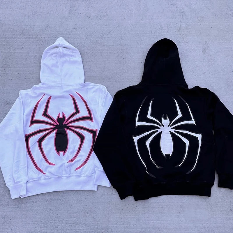 Y2K Spider Print Zipper Hoodie Unisex